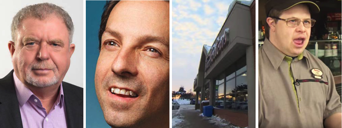 Montage of Mark Wafer, Rich Donovan, Tim Horton's storefront and employee